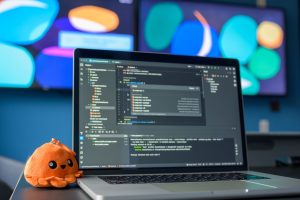 Colorful workspace featuring a laptop with code editor and vibrant screens.